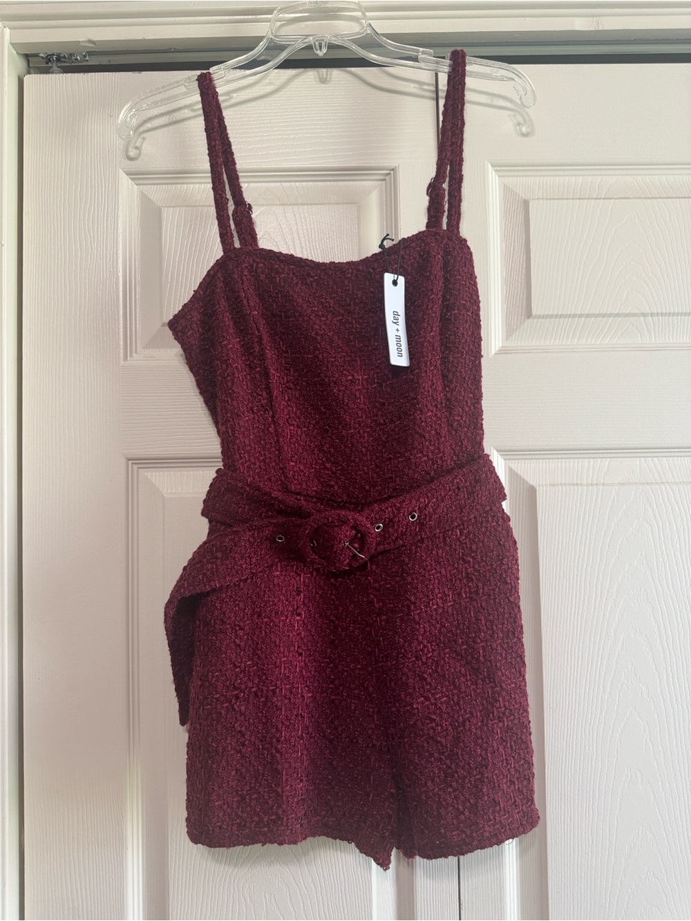 Women's Burgundy Bouclé Romper with Self-Tie Belt